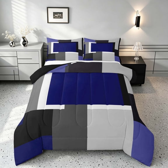 Manfei Abstract Geometric Queen Comforter Set, Blue Gray Black WhiteSquare Comforter Sets Queen, Black Reversible 3pcs, 1 Comforter and 2 Pillowcases