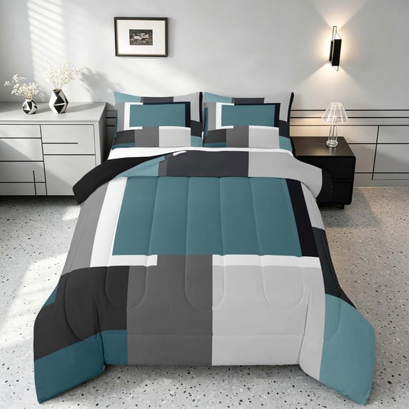 Manfei Abstract Geometric Queen Comforter Set, Teal Gray Black WhiteSquare Comforter Sets Queen, Black Reversible 3pcs, 1 Comforter and 2 Pillowcases