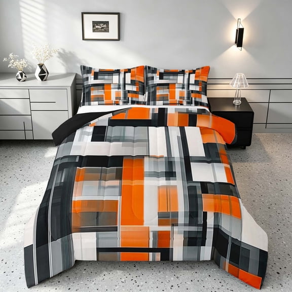 Manfei Abstract Geometric Queen Comforter Set, Watercolor Artwork Comforter Sets Queen, Orange, Black and White, Black Reversible 3 Pieces, 1 Comforter and 2 Pillowcases