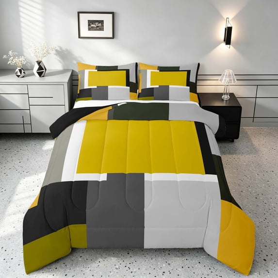 Manfei Abstract Geometric Queen Comforter Set, Yellow Gray Black WhiteSquare Comforter Sets Queen, Black Reversible 3-Piece, 1 Comforter and 2 Pillowcases