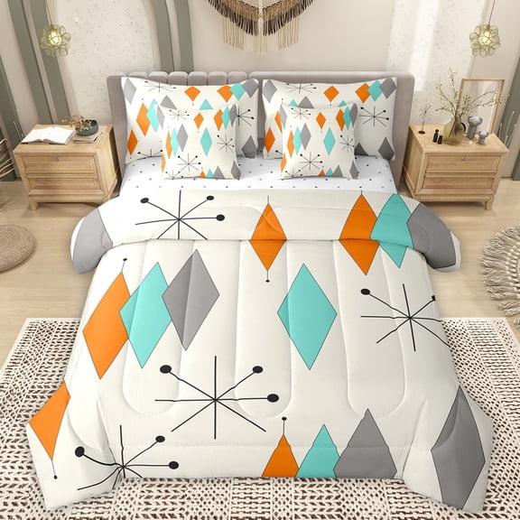 Manfei Abstract Geometric Rhombus 7-Piece Bedding Comforter Set,Modern Minimalist Aesthetic King Bedding Sets,Orange Beige Blue Bed Sheets For Girls Boys,Super Cozy Room Decor Reversible