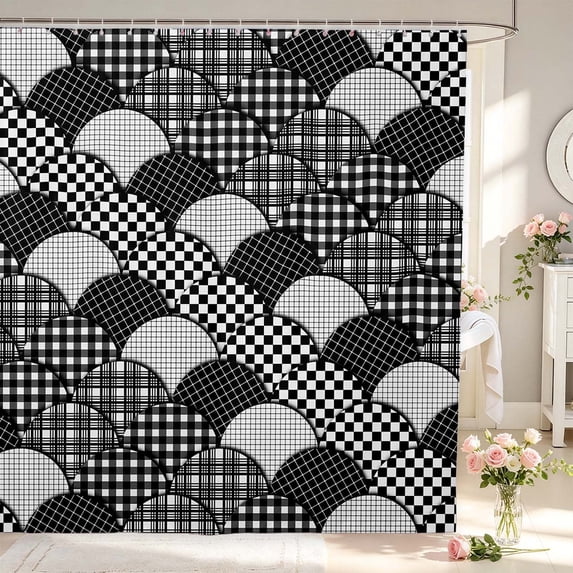 Manfei Abstract Geometric Shower Curtain 72Wx78L,Modern Checkered Bath Curtain,Black White