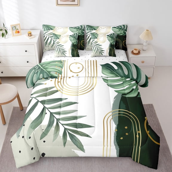 Manfei Abstract Geometric Stripes 7 Pieces Bedding Comforter Set,Tropical Plant Monstera Full Bedding Set,Green White Black Fitted Sheet Flat Sheet For Girls Boys,Microfiber Bedroom Decor Reversible