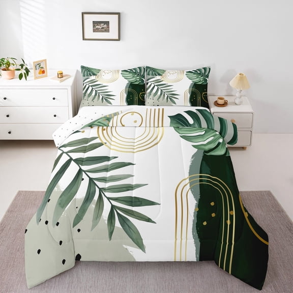Manfei Abstract Geometric Stripes Bedding Comforter Set,Tropical Plant Monstera Twin Comforter Sets,Green White Black Bedding Set For Girls Boys,Microfiber Bedroom Decor Reversible,2pcs