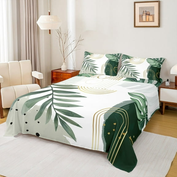 Manfei Abstract Geometric Stripes Twin Sheet Sets,Tropical Plant Monstera Twin Fitted Sheet,Green White Black Flat Sheet For Girls Boys,Microfiber Bedroom Decor,3pcs