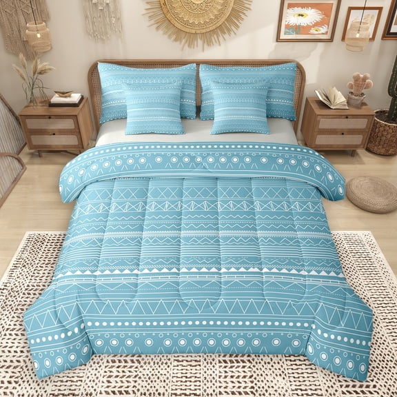 Manfei Abstract Geometric Triangle 7 Pieces Bedding Comforter Set,Boho bohemian Theme Full Bedding Set,Blue White Fitted Sheet Flat Sheet For Boys Kids,Super Cozy Room Decor Reversible