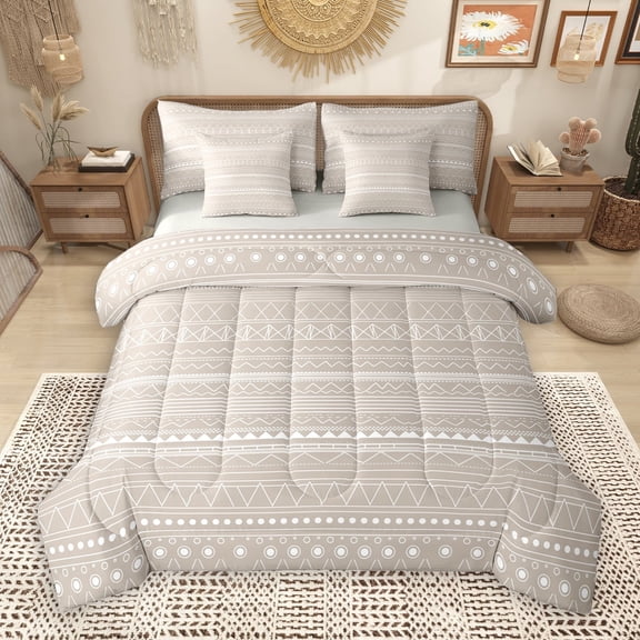 Manfei Abstract Geometric Triangle 7pcs Bedding Comforter Set,Boho bohemian Theme Queen Bedding Sets,Light Brown Queen Sheet Sets For Boys Kids,Super Cozy Room Decor Reversible