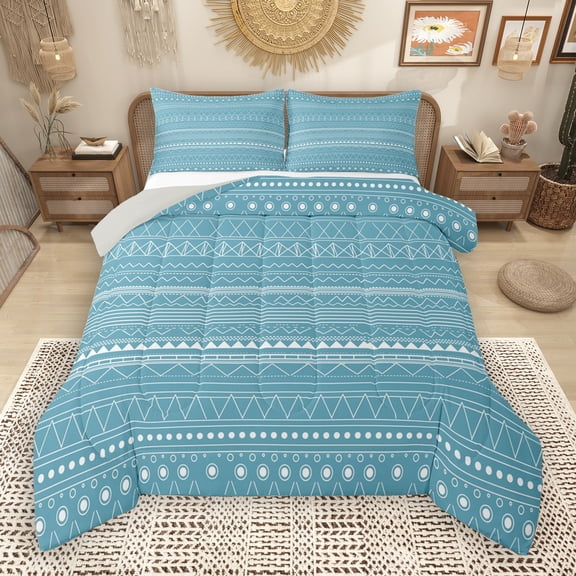 Manfei Abstract Geometric Triangle Queen Comforter Set,Boho bohemian Theme Bedding Sets,Blue White Bedding Comforter Set For Boys Kids,Super Cozy Room Decor Reversible,3pcs