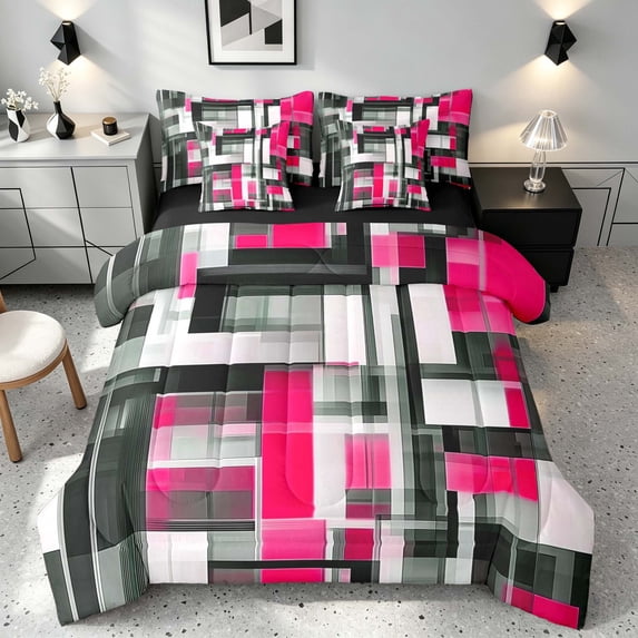 Manfei Abstract Geometric Twin Bedding, Watercolor Artwork Bedding Comforter Set, Pink, Black and White, Black Reversible 7pcs
