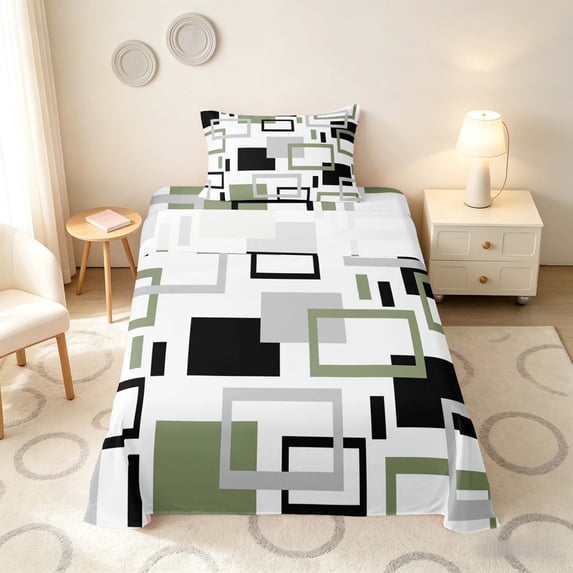 Manfei Abstract Geometric Twin Sheets, Minimal Bedding, Green Gray Black, Gray Reversible 3 Pieces1 Flat Sheet + 1 Fitted Sheet + 1 Pillowcase