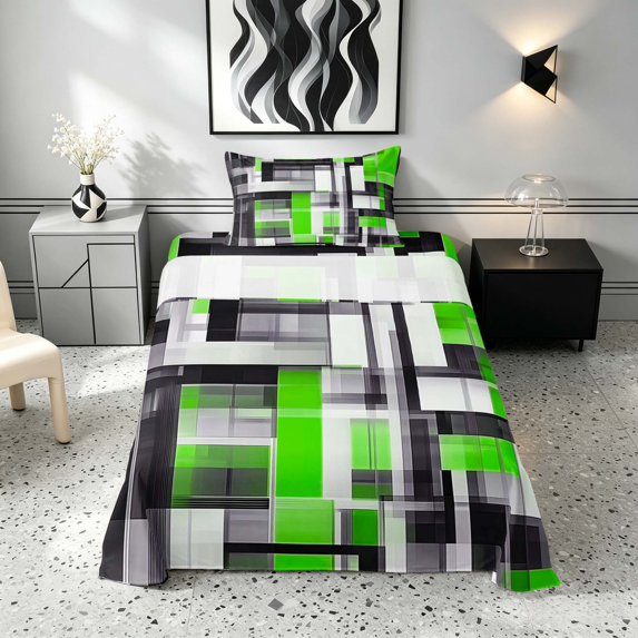 Manfei Abstract Geometric Twin Sheets, Watercolor Artwork Bedding, Green, Black and White, Black Reversible 3 Pieces1 Flat Sheet + 1 Fitted Sheet + 1 Pillowcase