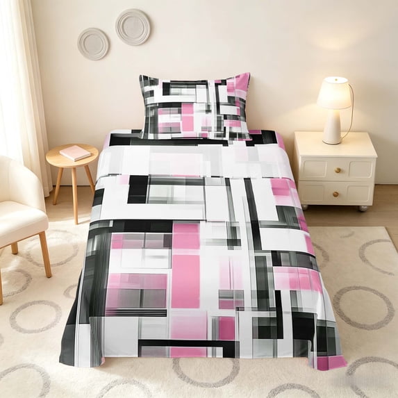 Manfei Abstract Geometric Twin Sheets, Watercolor Artwork Bedding, Light Pink, Black and White, Pink Reversible 3pcs1 Flat Sheet + 1 Fitted Sheet + 1 Pillowcase