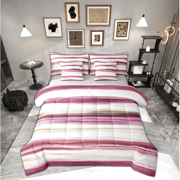 Manfei Abstract Geometric Bedding Comforter Set 7 Pieces for Teen, Chic Stripes Ombre Full Bedding Set, Modern Fashion Reversible Fitted Sheet Flat Sheet, Microfiber Bedroom Decor