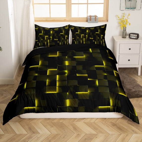Manfei Abstract Grid 3pcs Duvet Cover King for Kids Teens Female Men,Black Golden Ultra Soft Bedding King Size,Geometric Buffalo Microfiber Comforter Cover King,Lightweight Room Decor(No Comforter)