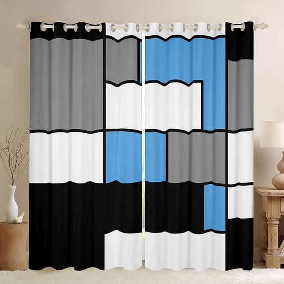 Manfei Abstract Grid Blackout Curtains, Light Blue Checkered Curtains Pack of 2 (42x84 Each)