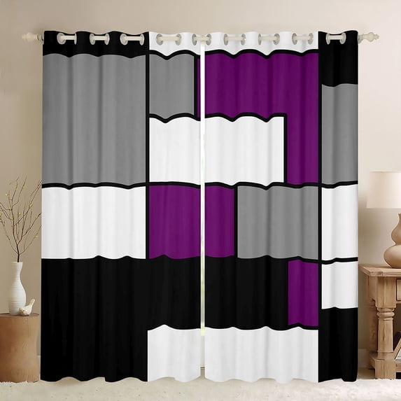 Manfei Abstract Grid Blackout Curtains, Plum Purple Checkered Curtains Pack of 2 (42x84 Each)