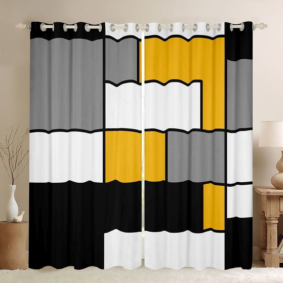 Manfei Abstract Grid Blackout Curtains Set of 2 (52x84 Each), Mustard Yellow Checkered Curtain