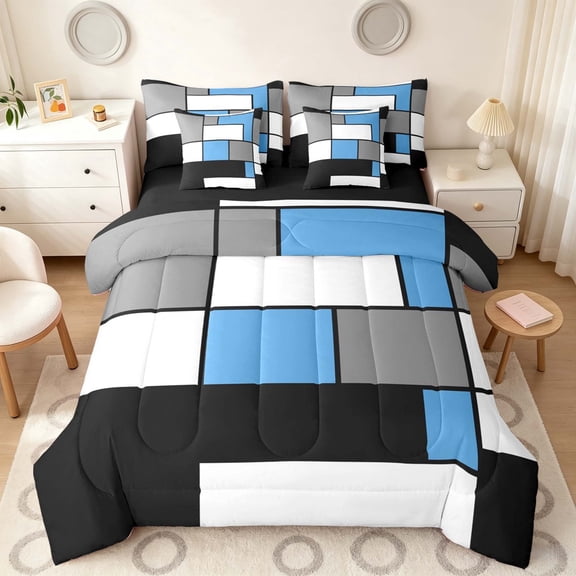 Manfei Abstract Grid Full Size Bedding Sets, Light Blue Checkered Full Size Bed in a Bag, Black Reversible 7-Piece