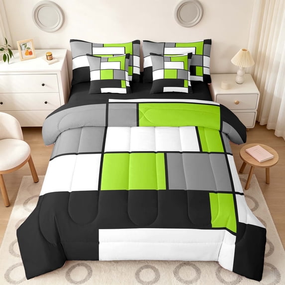 Manfei Abstract Grid Full Size Bedding Sets, Lime Green Checkered Full Size Bed in a Bag, Black Reversible 7-Piece
