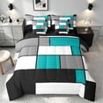 thumbnail image 1 of Manfei Abstract Grid Full Size Bedding Sets, Teal Checkered Full Size Bed in a Bag, Black Reversible 7 Pieces, 1 of 6