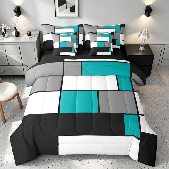 Manfei Abstract Grid Full Size Bedding Sets, Teal Checkered Full Size Bed in a Bag, Black Reversible 7 Pieces