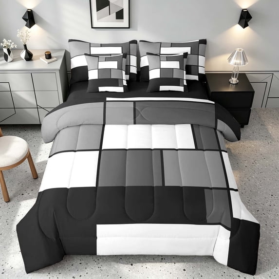 Manfei Abstract Grid King Bedding, Charcoal Gray Checkered King Bed in a Bag, Black Reversible 7pcs