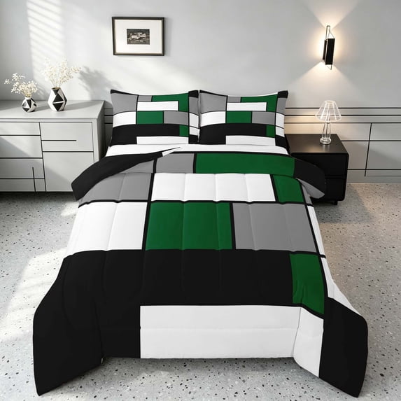 Manfei Abstract Grid Queen Comforter Set, Forest Green Checkered Comforter Sets Queen, Black Reversible 3pcs, 1 Comforter and 2 Pillowcases