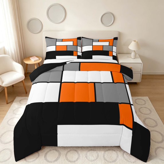 Manfei Abstract Grid Queen Comforter Set, Tangerine Orange Checkered Comforter Sets Queen, Black Reversible 3pcs, 1 Comforter and 2 Pillowcases