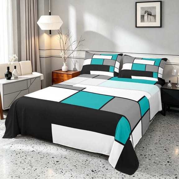 Manfei Abstract Grid Queen Sheets, Teal Checkered Queen Sheet Sets, Black Reversible 4pcs1 Flat Sheet + 1 Fitted Sheet + 2 Pillowcases