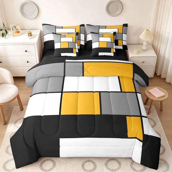 Manfei Abstract Grid Twin Bedding, Mustard Yellow Checkered Bedding Comforter Set, Black Reversible 7pcs