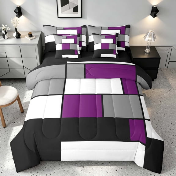Manfei Abstract Grid Twin Bedding, Plum Purple Checkered Bedding Comforter Set, Black Reversible 7pcs