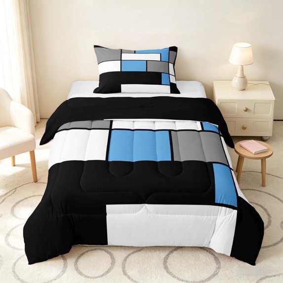 Manfei Abstract Grid Twin Comforter Sets, Light Blue Checkered Bedding Set, Black Reversible 2 Pieces, 1 Comforter and 1 Pillowcase