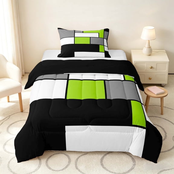 Manfei Abstract Grid Twin Comforter Sets, Lime Green Checkered Bedding Set, Black Reversible 2 Pieces, 1 Comforter and 1 Pillowcase