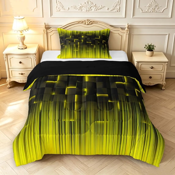 Manfei Abstract Grid Twin Comforter Sets,Modern Plaid Bedding Set,Black Yellow,Black Reversible,2-Piece,1 Comforter and 1 Pillowcase,2-Piece,1 Comforter and 1 Pillowcase