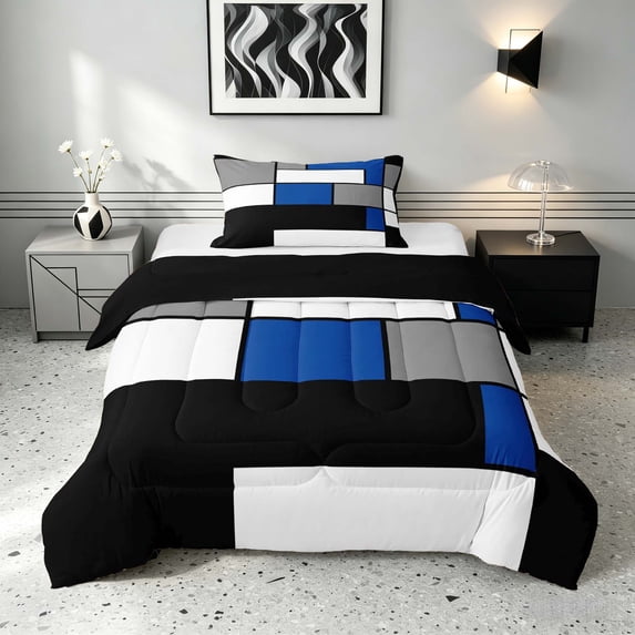 Manfei Abstract Grid Twin Comforter Sets, Navy Blue Checkered Bedding Set, Black Reversible 2pcs, 1 Comforter and 1 Pillowcase