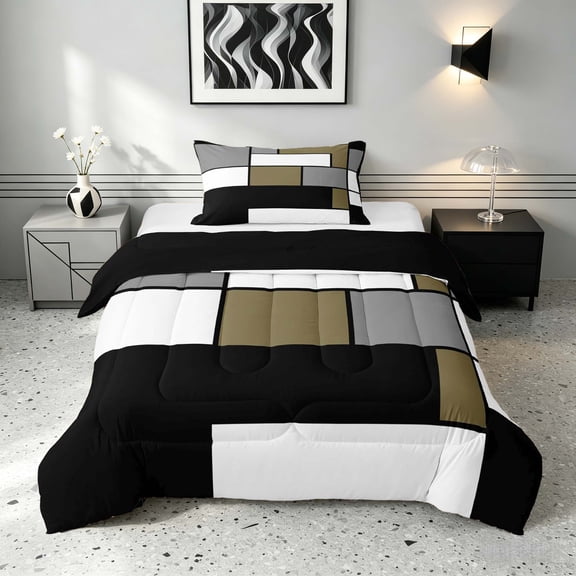 Manfei Abstract Grid Twin Comforter Sets, Taupe Checkered Bedding Set, Black Reversible 2-Piece, 1 Comforter and 1 Pillowcase