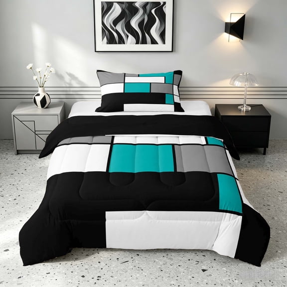 Manfei Abstract Grid Twin Comforter Sets, Teal Checkered Bedding Set, Black Reversible 2pcs, 1 Comforter and 1 Pillowcase
