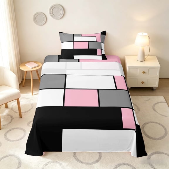 Manfei Abstract Grid Twin Sheets, Blush Pink Checkered Bedding, Pink Reversible 3 Pieces1 Flat Sheet + 1 Fitted Sheet + 1 Pillowcase