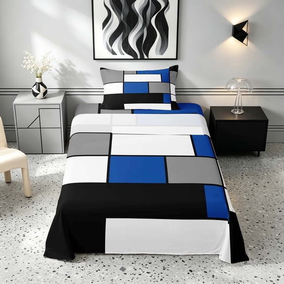 Manfei Abstract Grid Twin Sheets, Navy Blue Checkered Bedding, Black Reversible 3pcs1 Flat Sheet + 1 Fitted Sheet + 1 Pillowcase