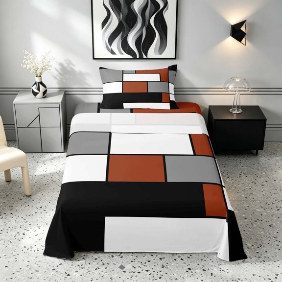 Manfei Abstract Grid Twin Sheets, Rust Checkered Bedding, Black Reversible 3 Pieces1 Flat Sheet + 1 Fitted Sheet + 1 Pillowcase