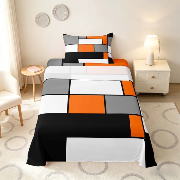 Manfei Abstract Grid Twin Sheets, Tangerine Orange Checkered Bedding, Black Reversible 3pcs1 Flat Sheet + 1 Fitted Sheet + 1 Pillowcase
