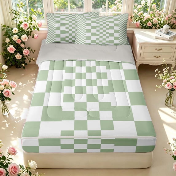 Manfei Abstract Grid Zipper Twin Comforter Sets with Fitted Sheet and 2 Pillowcases,Modern Plaid Zipper Bedding Set,Light Green,Light Gray Reversible,4pcs
