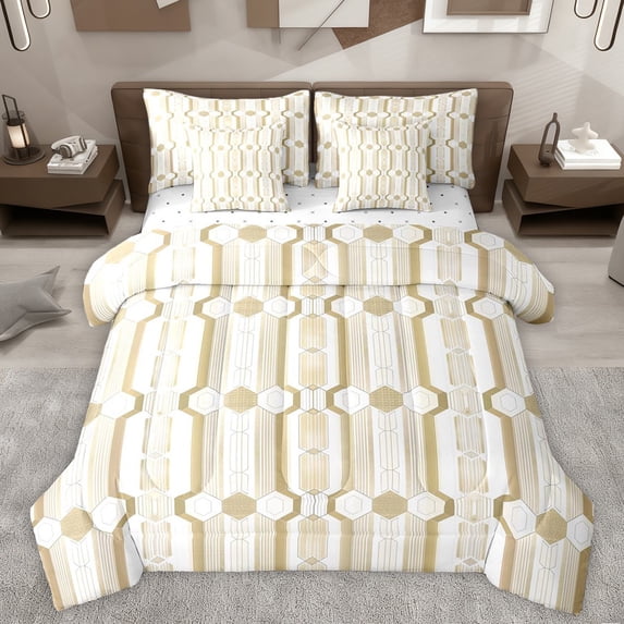 Manfei Abstract Honeycomb Hexagon Twin Bedding Sets 7-Piece for Teens Boys Girls,Minimalist Geometric Bedding Comforter Set Microfiber,Mid Century Stripes Breathable Sheet Sets