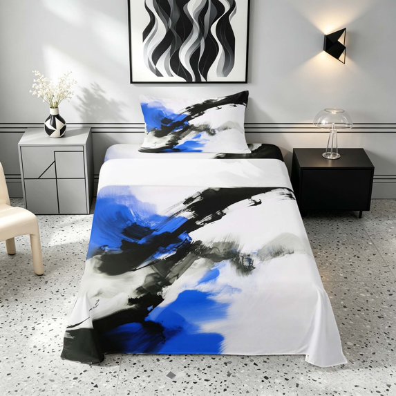 Manfei Abstract Ink Painting Twin Sheets, Watercolor Ombre Bedding, Blue, Black and White, Gray Reversible 3 Pieces1 Flat Sheet + 1 Fitted Sheet + 1 Pillowcase