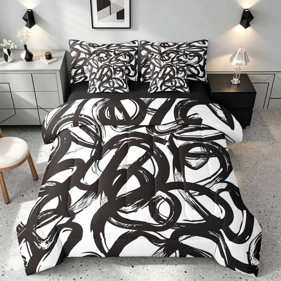 Manfei Abstract King Bedding, Art Hippie Scribble King Bed in a Bag, Black and White, Black Reversible 7-Piece