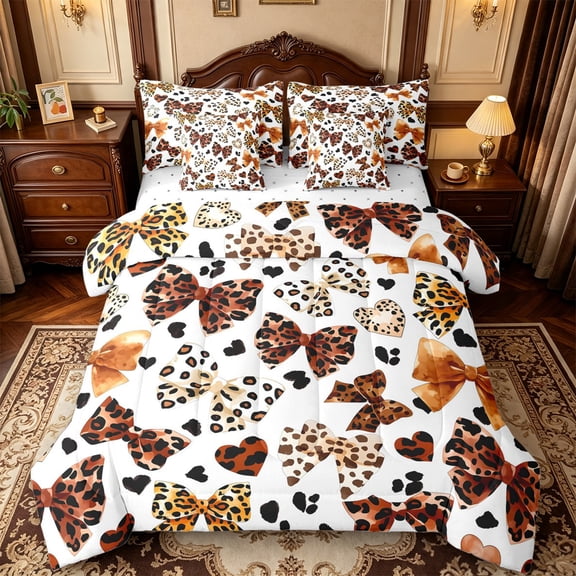 Manfei Abstract Leopard Print 7-Piece Twin Bedding,Cartoon Cute Bow Bedding Comforter Set,Reversible