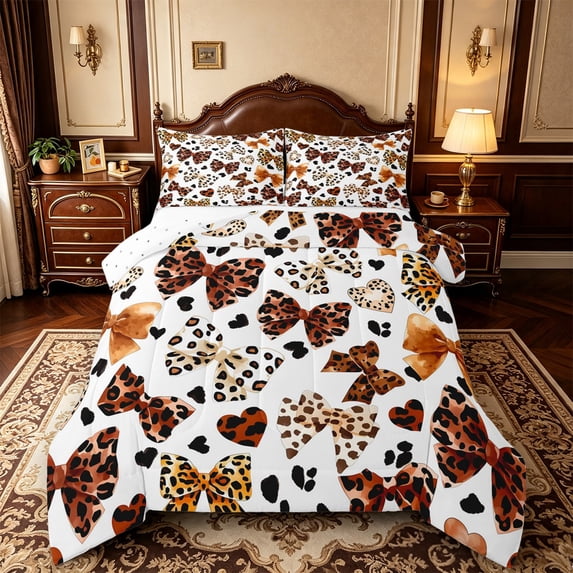 Manfei Abstract Leopard Print Full Size Comforter Sets,Cartoon Cute Bow Bedding Comforter Set,Reversible,3-Piece,1 Comforter and 2 Pillowcases