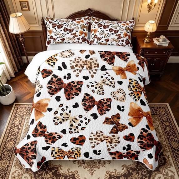Manfei Abstract Leopard Print Quilt Full,Cartoon Cute Bow Full Bedspread Sets,3-Piece,1 Coverlet and 2 Pillowcases