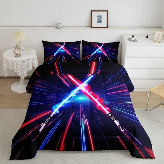 Manfei Abstract Lightsaber Comforter Set Twin Size,Geometric Lines Gradient Twin Comforter Sets Microfiber for Kids Teens Boys Girls,Video Game Gamepads Breathable Bedding Set