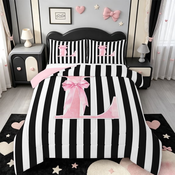 Manfei Abstract Line Art King Size Comforter Sets,Personalized Letter L Comforters King Size,Pink Reversible,3-Piece,1 Comforter and 2 Pillowcases